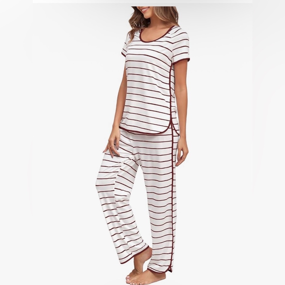Striped Women's Pajama Set - White and Burgundy Soft Maroon nwt Fkeep medium